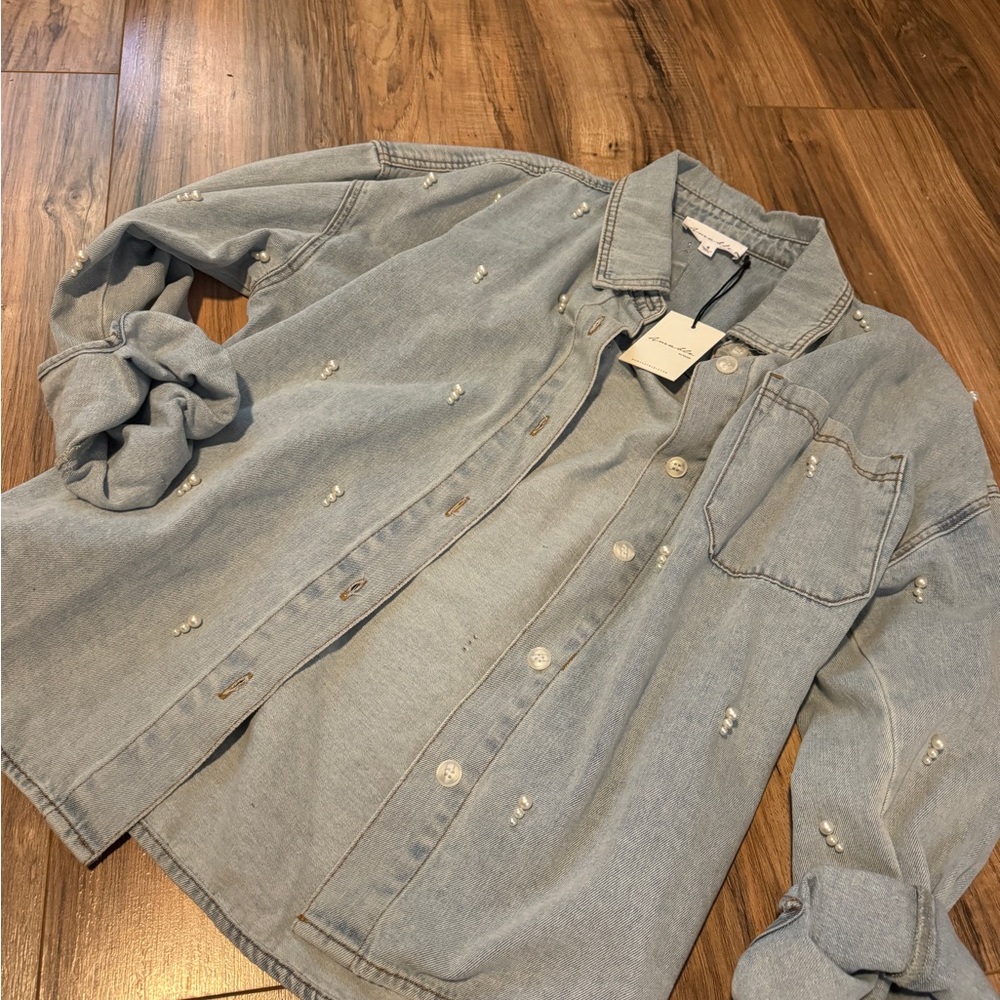 NWT Light Blue Denim Jacket with pearls
